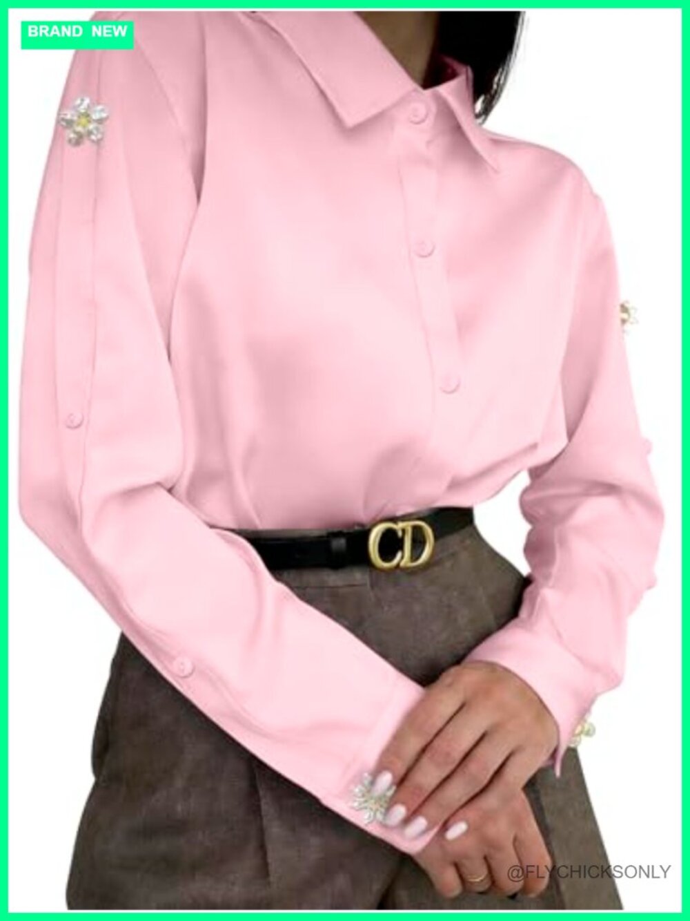 Satin Pearl Flower Blouse Long Sleeve Button Down Office Party Shirt